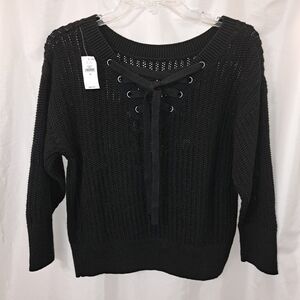 NWT GAP XS Black Lace-Up Sweater Cable Knit Open Knit 3/4 Sleeve